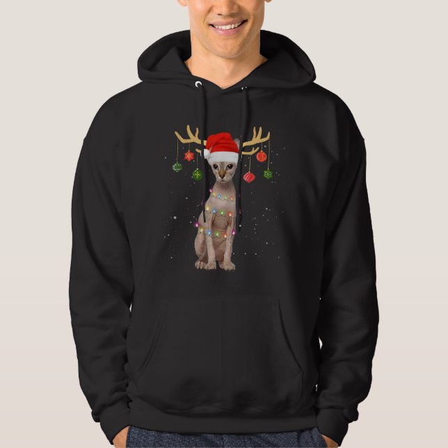 Reindeer Sphynx Cat Santa Hat Christmas Light Xmas Hoodie (Front)