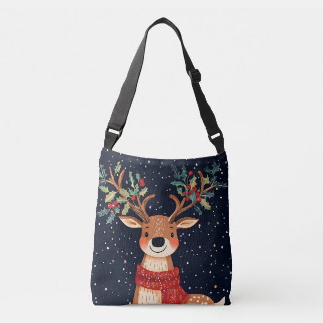 Reindeer Starry Christmas Twinkle Night Crossbody Bag (Front)