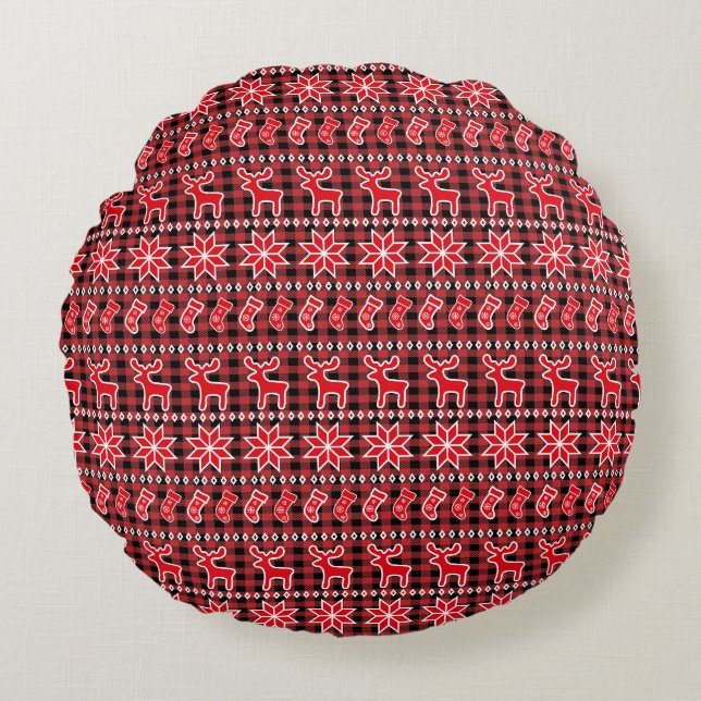 Reindeer Stocking Fair Isle Christmas Pattern Round Cushion (Front)