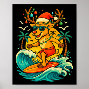 Reindeer Surfing Summer Santa Hat Funny Christmas Poster