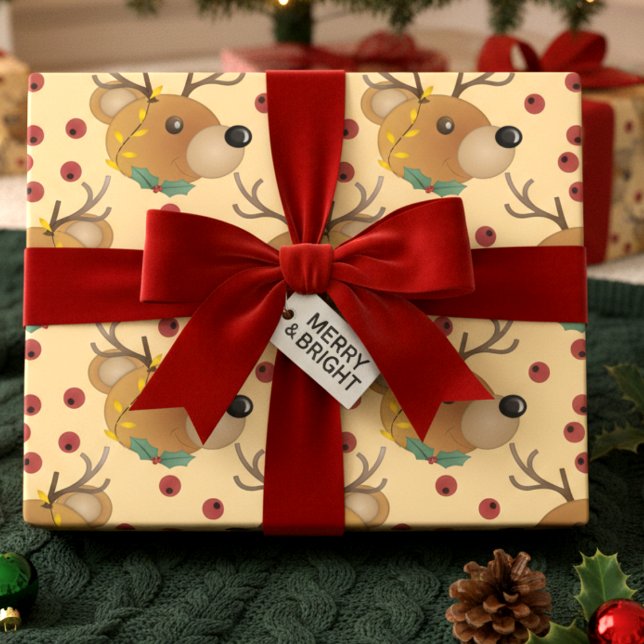 Reindeer Teddy Bear With Lights Beige Christmas Wrapping Paper (This bear’s got antlers, mistletoe, and three festive colors. Beige, green, or maroon. You choose.)
