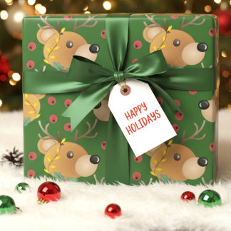 Reindeer Teddy Bear With Lights Green Christmas Wrapping Paper