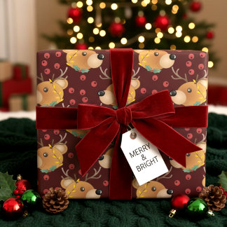 Reindeer Teddy Bear With Lights Maroon Christmas Wrapping Paper