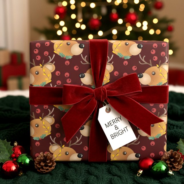 Reindeer Teddy Bear With Lights Maroon Christmas Wrapping Paper (Holiday gift wrap with teddy bears, antlers, lights, and berry-cute backgrounds.)