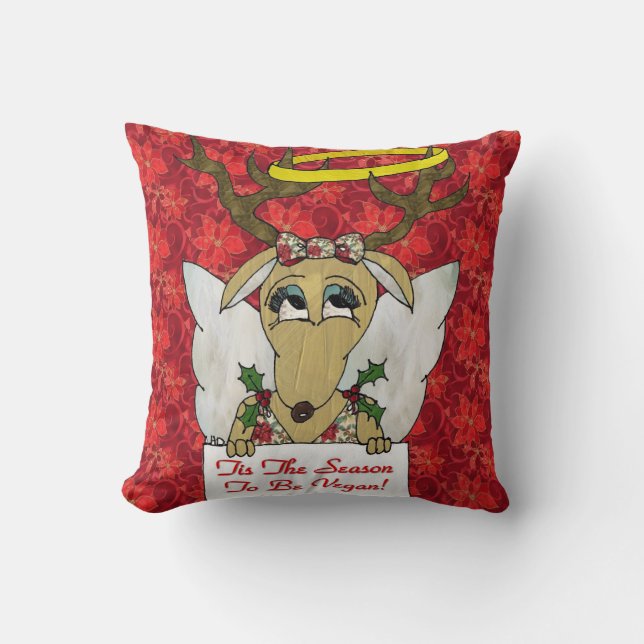 Reindeer Tis The Season to Be Vegan  Angel Pillow (Front)