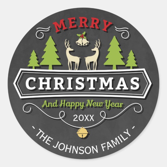 Reindeer Tree Christmas with Chalkboard Classic Round Sticker (Front)