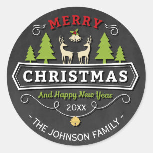 Reindeer Tree Christmas with Chalkboard Classic Round Sticker