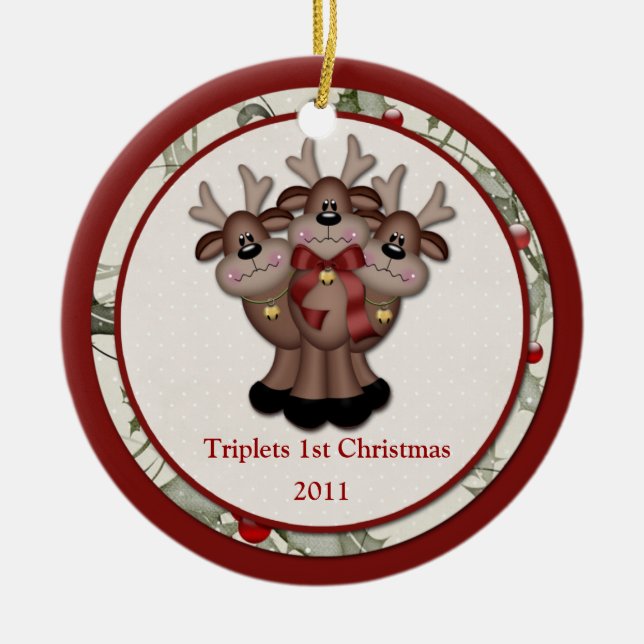 Reindeer Triplets 1st Christmas Ceramic Tree Decoration (Front)