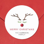Reindeer Watercolor Merry Christmas Classic Round Sticker<br><div class="desc">Unique and festive modern holiday mailing or gift sticker featuring an abstract of a reindeer's face composed of watercolors of antlers,  green leaves for the eyelashes and a red berry for the nose. "Merry Christmas" is written in red and underneath you can personalise with your family name.</div>