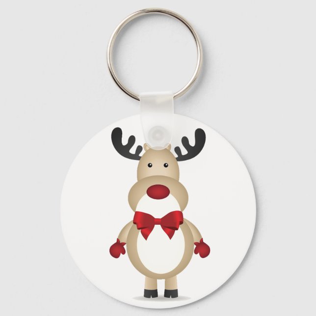 Reindeer Wearing Red Bow Tie Button Keychain (Front)