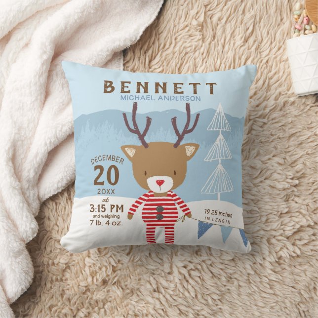 Reindeer Winter Birth Stats Nursery Keepsake Cushion (Blanket)
