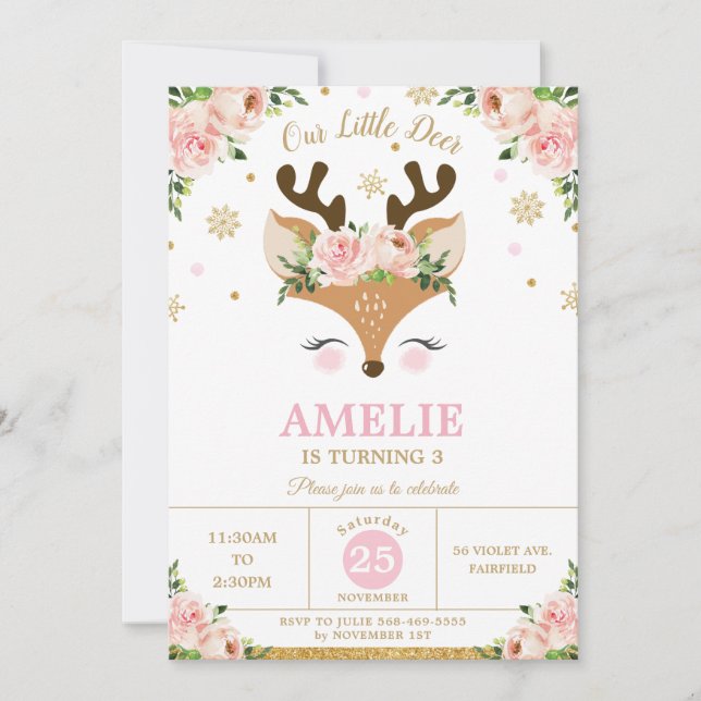 Reindeer Winter Gold Snowflakes Birthday Party Invitation (Front)