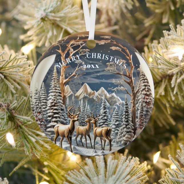 Reindeer Winter Mountains Metal Tree Decoration (Insitu)