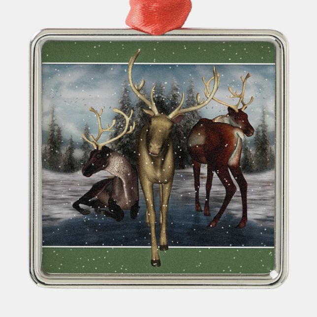 Reindeer Winter Scene Silver Framed Ornament (Front)
