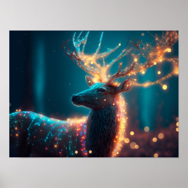 Reindeer with Christmas lights in the night forest Poster (Front)