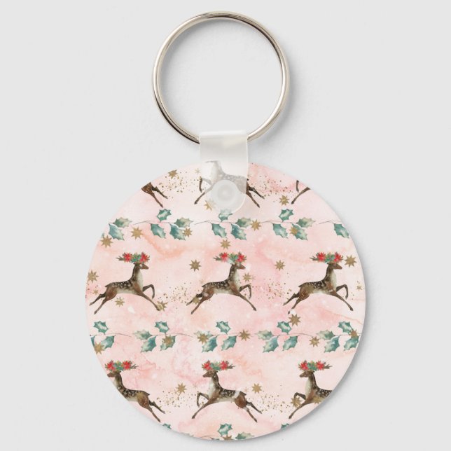 Reindeer With Flowers In Antlers Pattern Key Ring (Front)