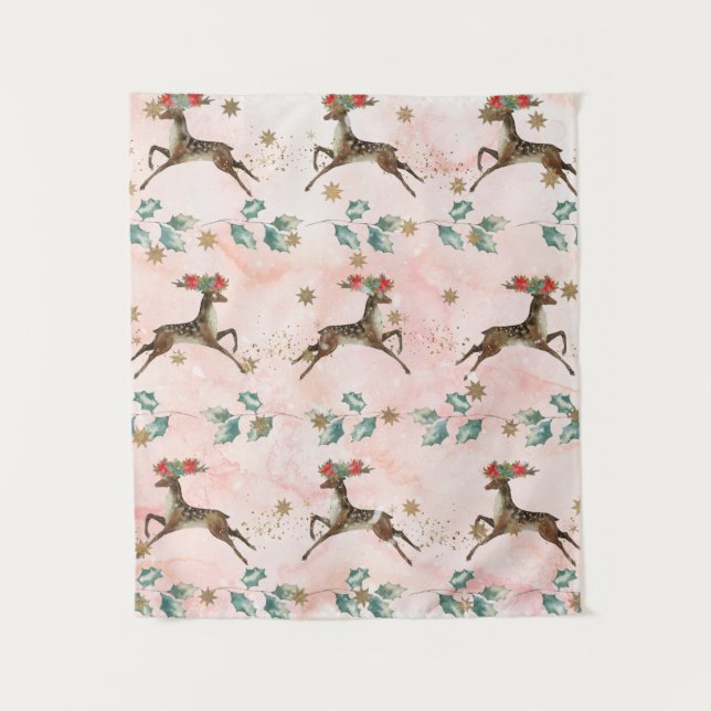 Reindeer With Flowers In Antlers Pattern Tapestry (Front)