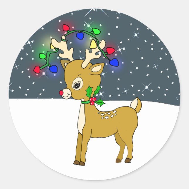 Reindeer with Glowing Christmas Lights Classic Round Sticker (Front)