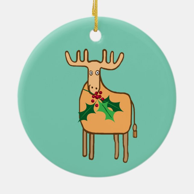 reindeer with holly, moose with christmas lights ceramic tree decoration (Back)