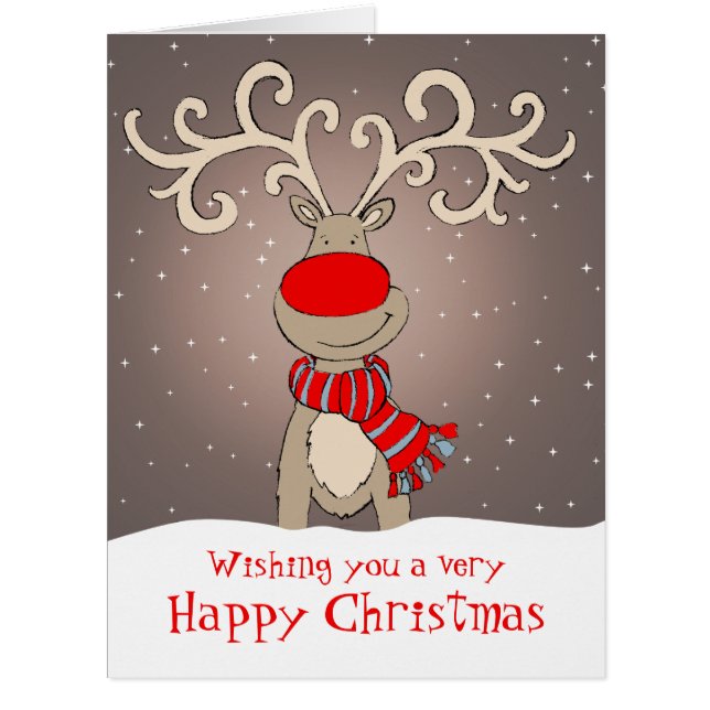 Reindeer with red nose Christmas card large grey (Front)