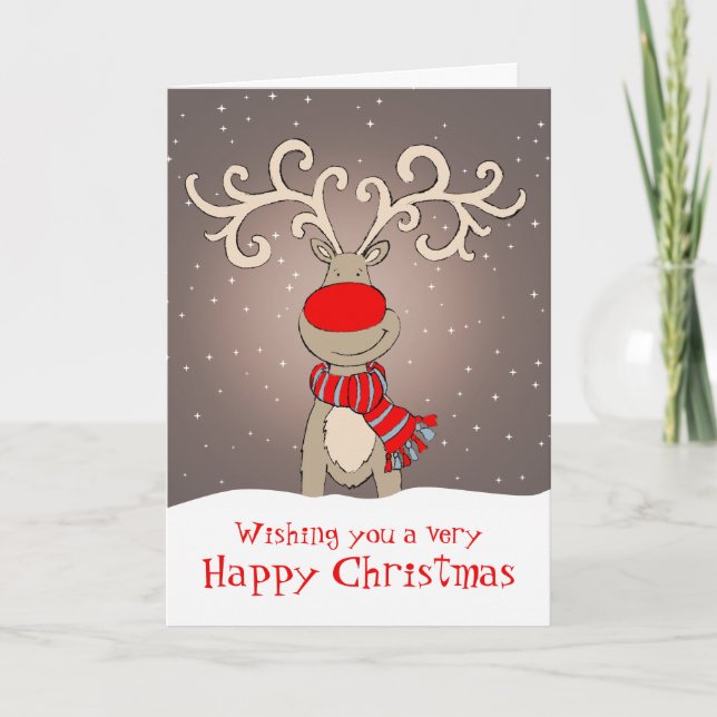 Reindeer with red nose Christmas card soft grey (Front)