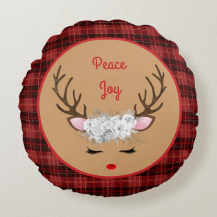 Reindeer with White Roses on Plaid Peace and Joy Round Cushion