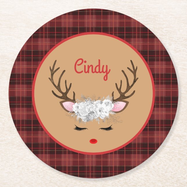 Reindeer with White Roses on Plaid with Name Edibl Round Paper Coaster (Front)
