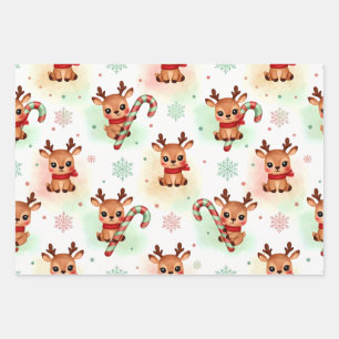 Reindeer Wrapping Paper Flat Sheet Set of 3