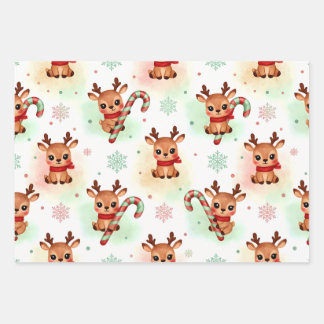 Reindeer Wrapping Paper Flat Sheet Set of 3