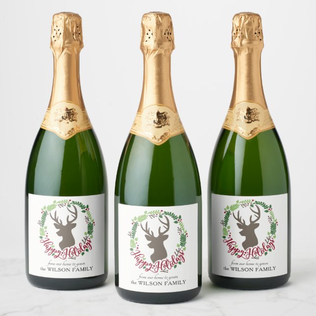 Reindeer wreath Sparkling Wine botle labels (Bottles)