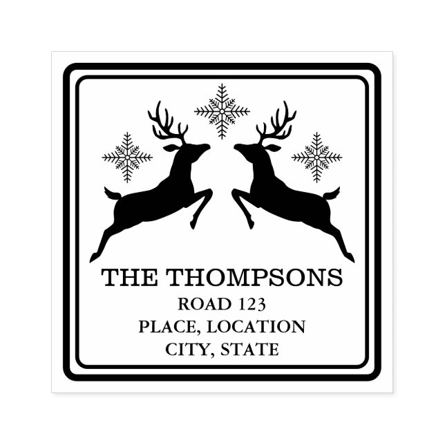 Reindeers And Snowflakes With Custom Address Info Rubber Stamp (Imprint)