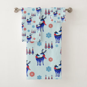 Reindeers, Christmas Trees and Snowflakes Pattern Bath Towel Set