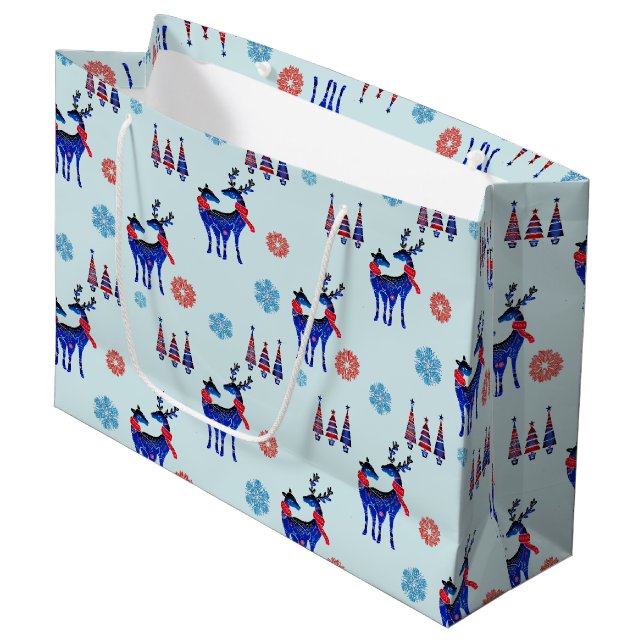 Reindeers, Christmas Trees and Snowflakes Pattern Large Gift Bag (Front Angled)
