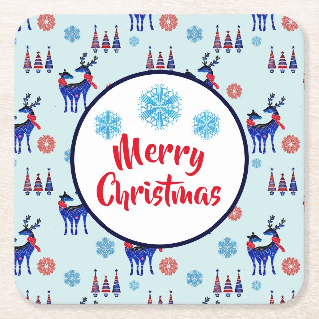 Reindeers, Christmas Trees and Snowflakes Pattern Square Paper Coaster (Front)
