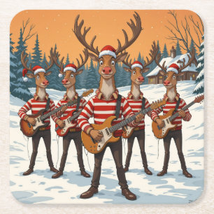 “Reindeers Playing Guitar for Christmas” brings a Square Paper Coaster