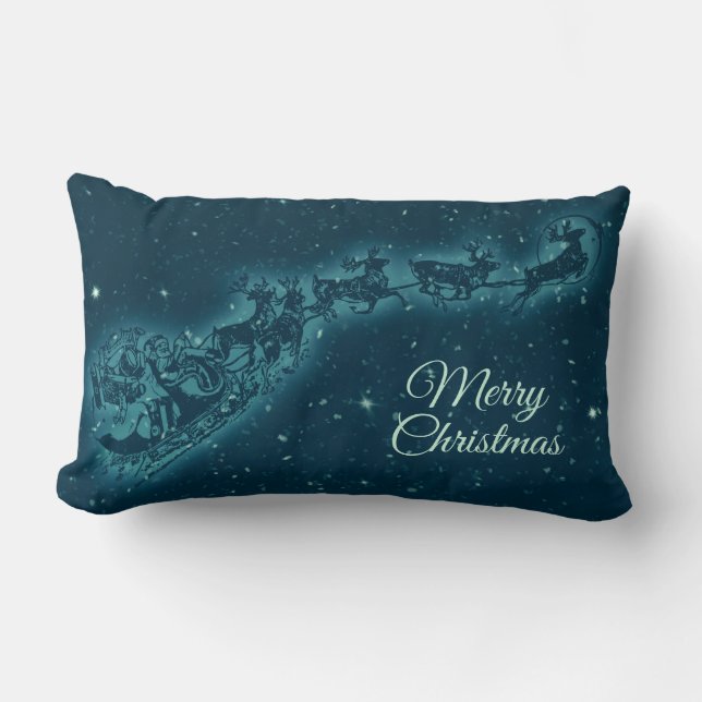 Reindeers Pulling Santa Claus Merry Christmas Lumbar Cushion (Front)