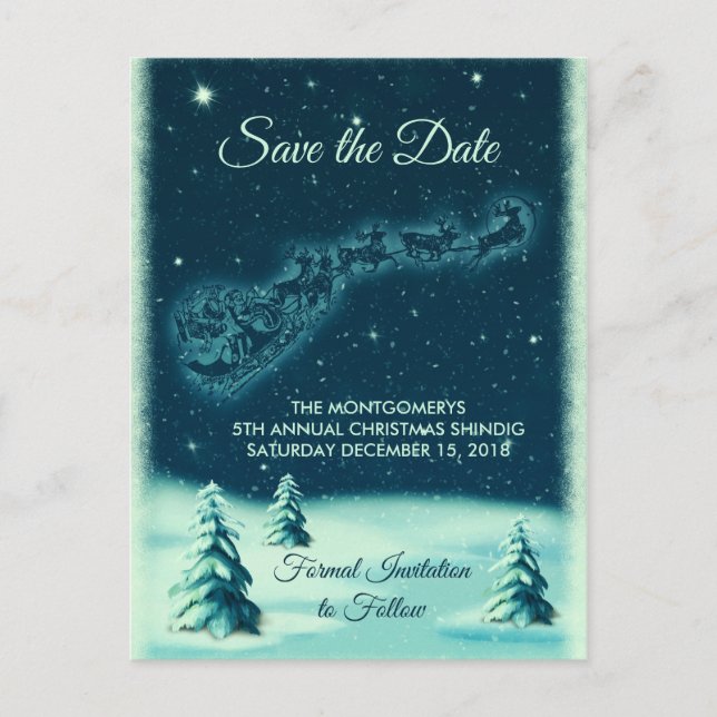 Reindeers Pulling Santa Claus Xmas Save the Date Postcard (Front)