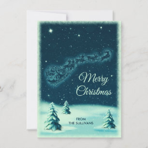 Reindeers Pulling Santa's Sleigh in the Night Sky Holiday Card