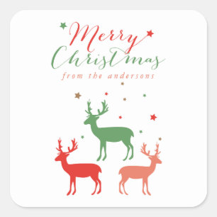 Reindeers Red and Green Merry Christmas Square Sticker