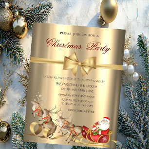 Reindeers Santa Claus Sleigh Gold Christmas Party  Invitation