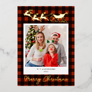 Reindeers & Sleigh Christmas Photo Gold  Foil Holiday Card