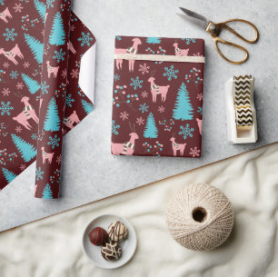 Reindeers Snowflakes Pine Tree and Berries Dark Wrapping Paper