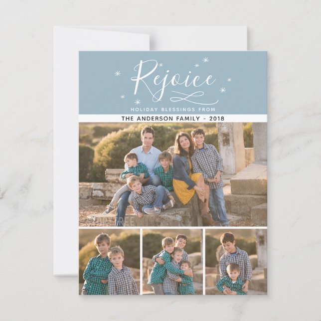 Rejoice | 4 Family Photo Blue Christmas Holiday Card (Front)