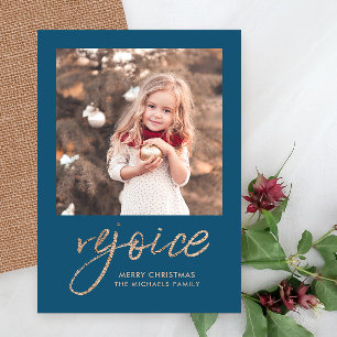 Rejoice and Be Glad Blue Rustic Photo Holiday Card