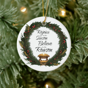 Rejoice and believe nativity ceramic ornament