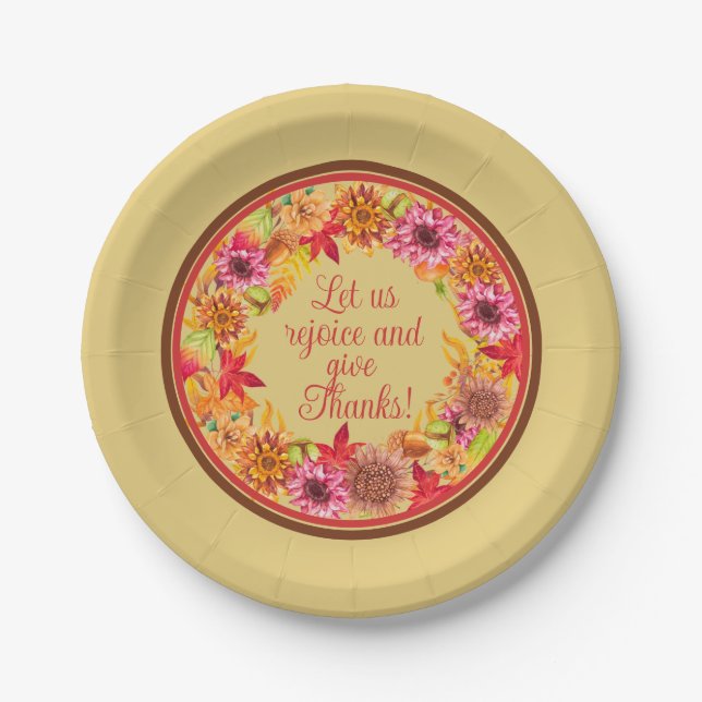 Rejoice and Give Thanks Autumn Foliage Wreath Paper Plate (Front)