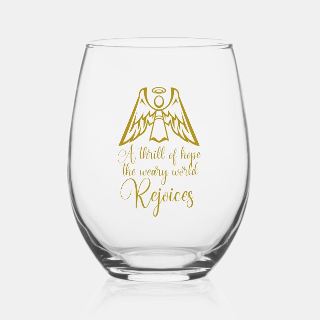 Rejoice Angel Elegant Gold Religious Christmas Stemless Wine Glass (Front)
