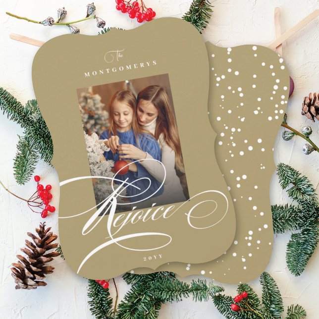 Rejoice Calligraphy Religious Christmas Gold Photo Holiday Card (Creator Uploaded)