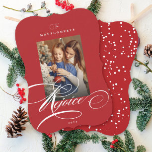 Rejoice Calligraphy Religious Christmas Red Photo Holiday Card