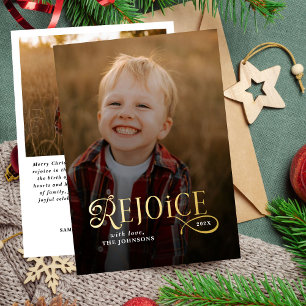 Rejoice Christian Religious Merry Christmas Photo  Foil Holiday Card